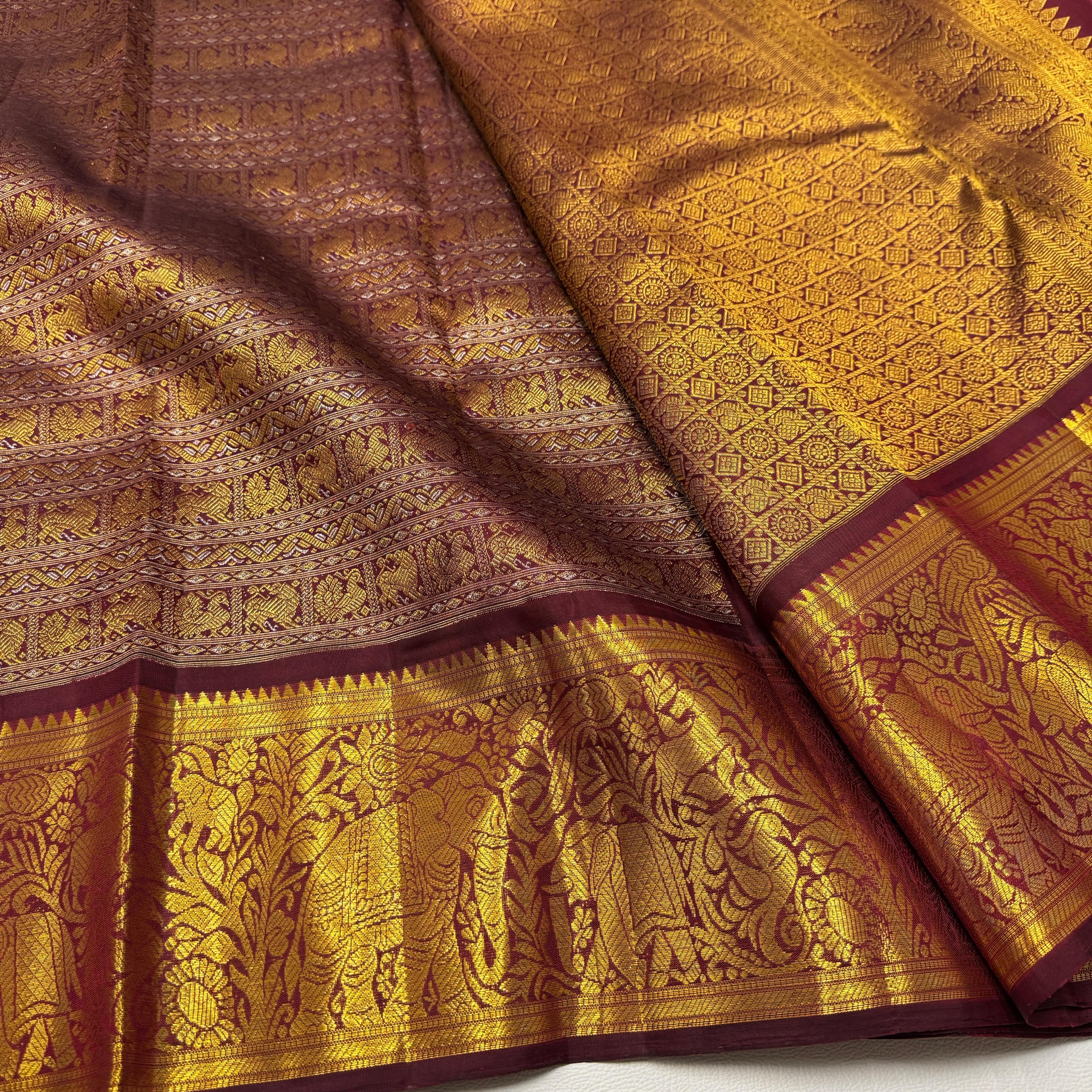 Classic Gold & Plum 2gm Zari Bridal Elegance Kanchipuram Handloom Silk Saree SS25635