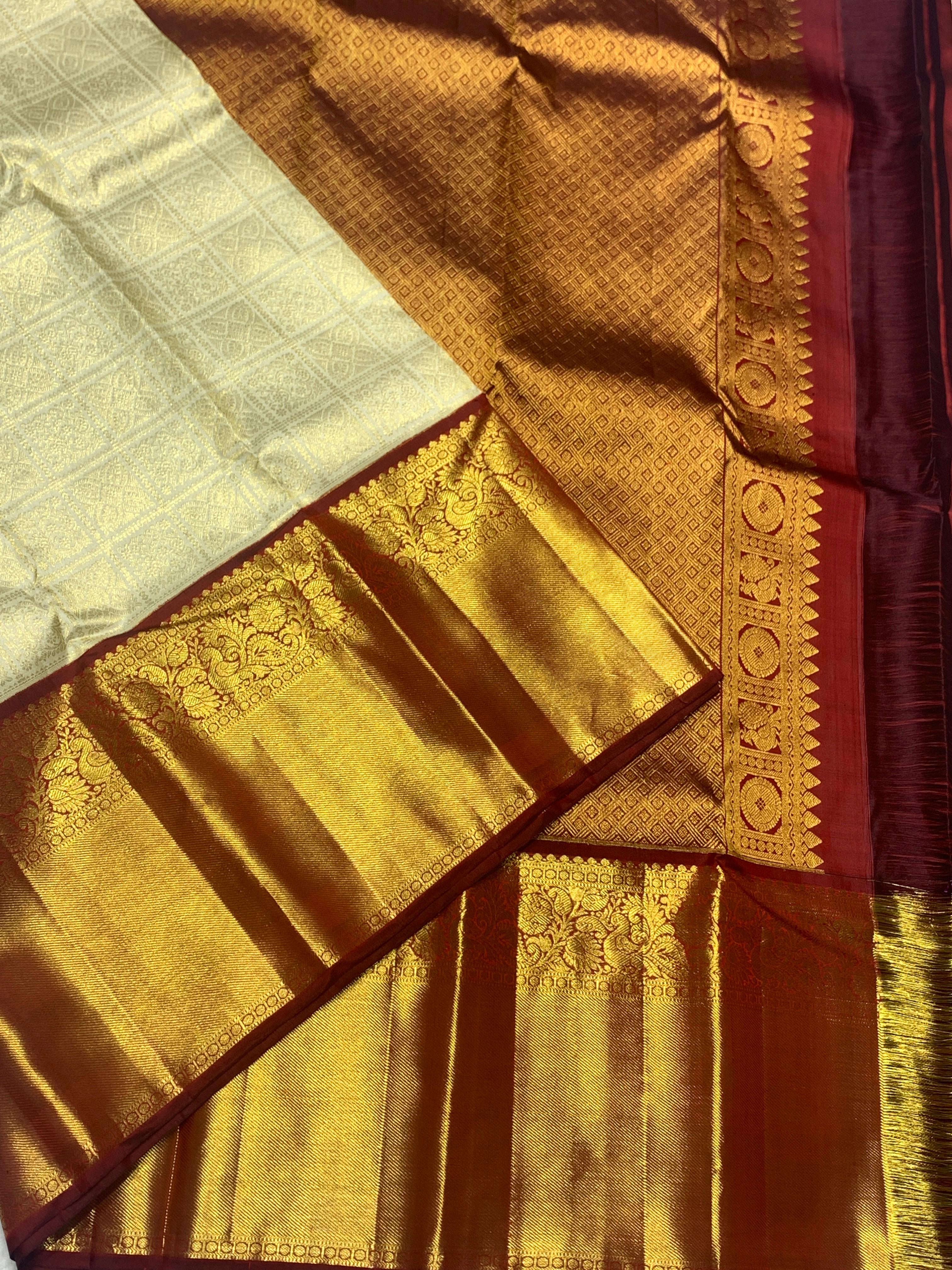 Classic Pearl Beige & Burnt Brown 2gm Zari Bridal Elegance Kanchipuram Handloom Silk Saree SS25832