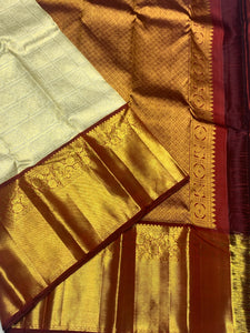 Classic Pearl Beige & Burnt Brown 2gm Zari Bridal Elegance Kanchipuram Handloom Silk Saree SS25832
