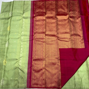 Pastel Green & Berry Wine Red 2gm Zari Elegance Kanchipuram Handloom Silk Saree SS20585