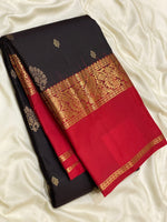 Load image into Gallery viewer, Classic Shadow Black &amp; Brick Red 1gm Zari Elegance Kanchipuram Handloom Silk Saree SS27969
