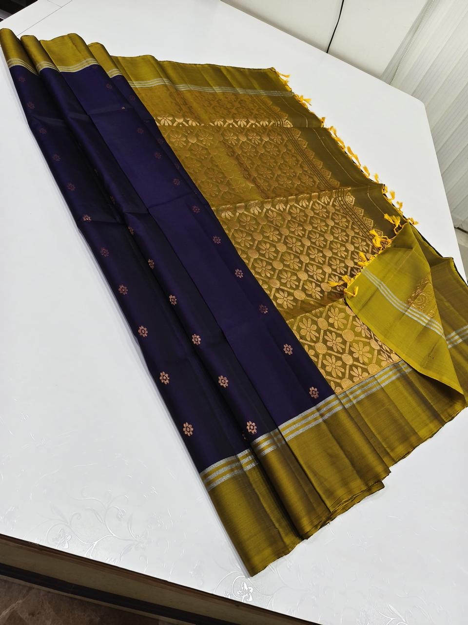 Classic Navy Blue & Mustard Elegance Handloom Soft Silk Saree SS25597