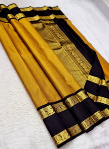 Classic Yellow & Black 2gm Zari Kanchipuram Handloom Silk Saree SS25798