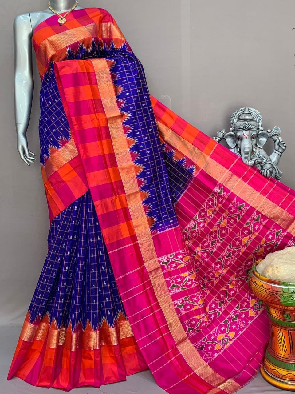 Classic Navy Blue & Deep Pink Ikkat Elegance Handloom Soft Silk Saree SS23118