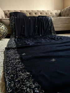 Classic Charcoal Black Elegance Chinnon Crepe Chiffon Silk Saree SS25399