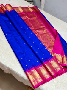 Classic Robin Blue & Dark Pink 1gm Zari Kanchipuram Handloom Silk Saree SS25689