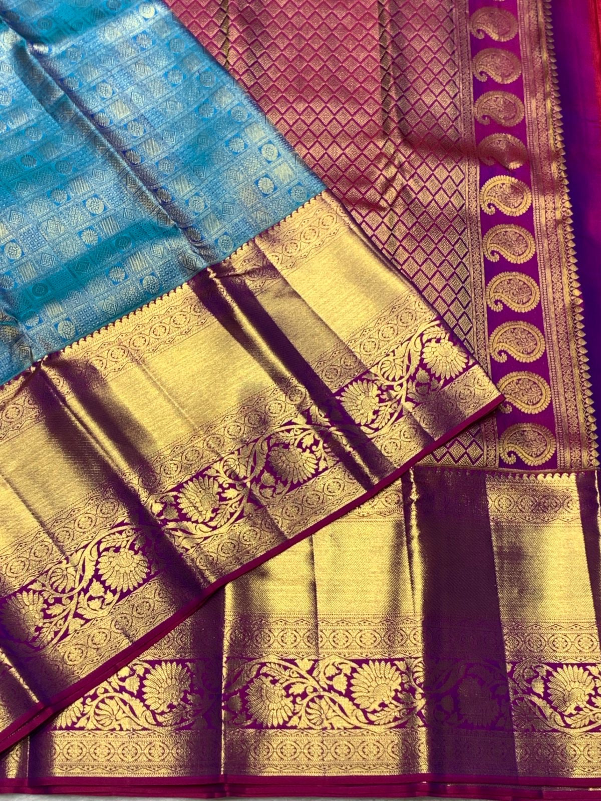 Classic Azure Blue & Vadamalli Purple 2gm Zari Bridal Elegance Kanchipuram Handloom Silk Saree SS25355