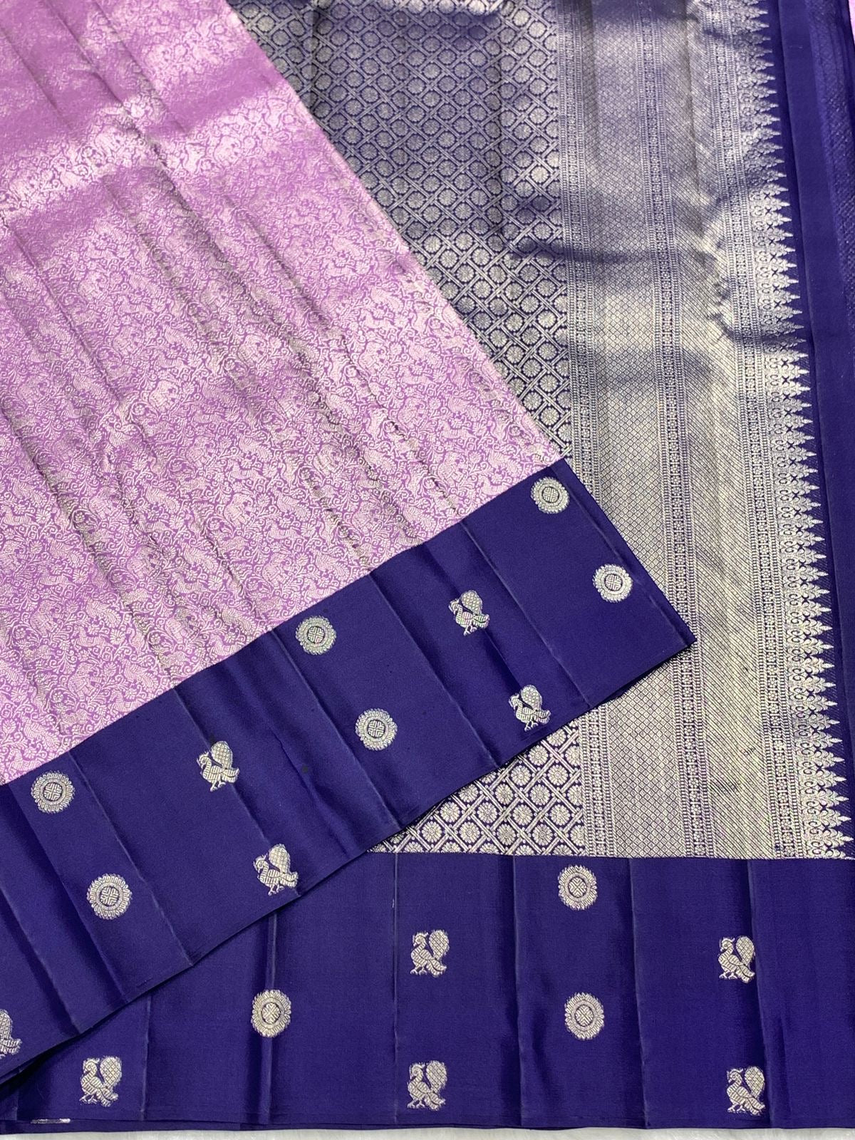 Pastel Lilac & Steel Blue 2gm Zari Elegance Kanchipuram Handloom Silk Saree SS25367