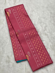 Creamy Pink & Teal Green 2gm Zari Elegance Kanchipuram Handloom Silk Saree SS20586