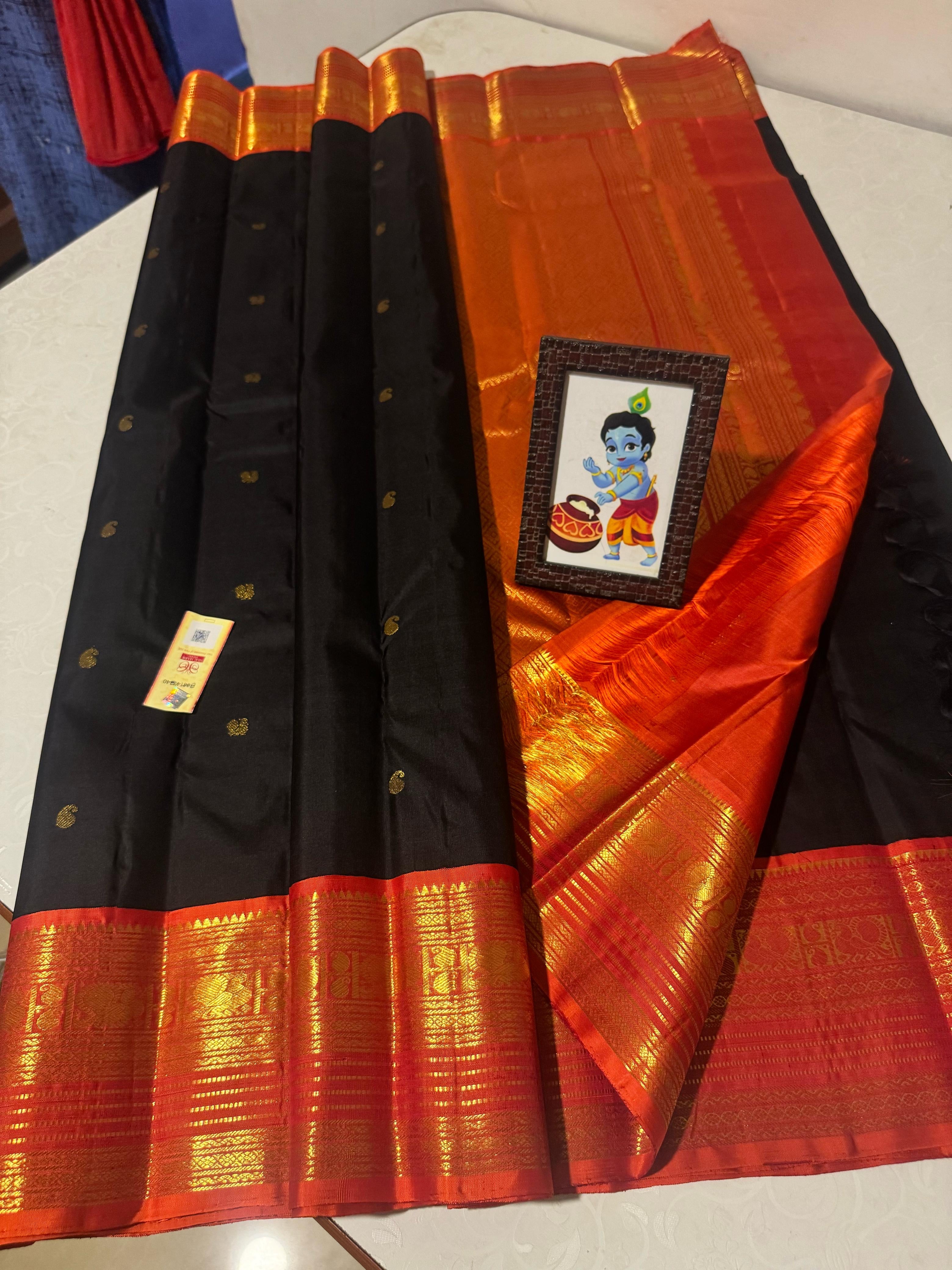 Classic Black & Orange 2gm Zari Elegance Kanchipuram Handloom Silk Saree SS25302