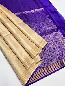Classic Golden Cream & Violet Elegance Handloom Soft Silk Saree SS25751