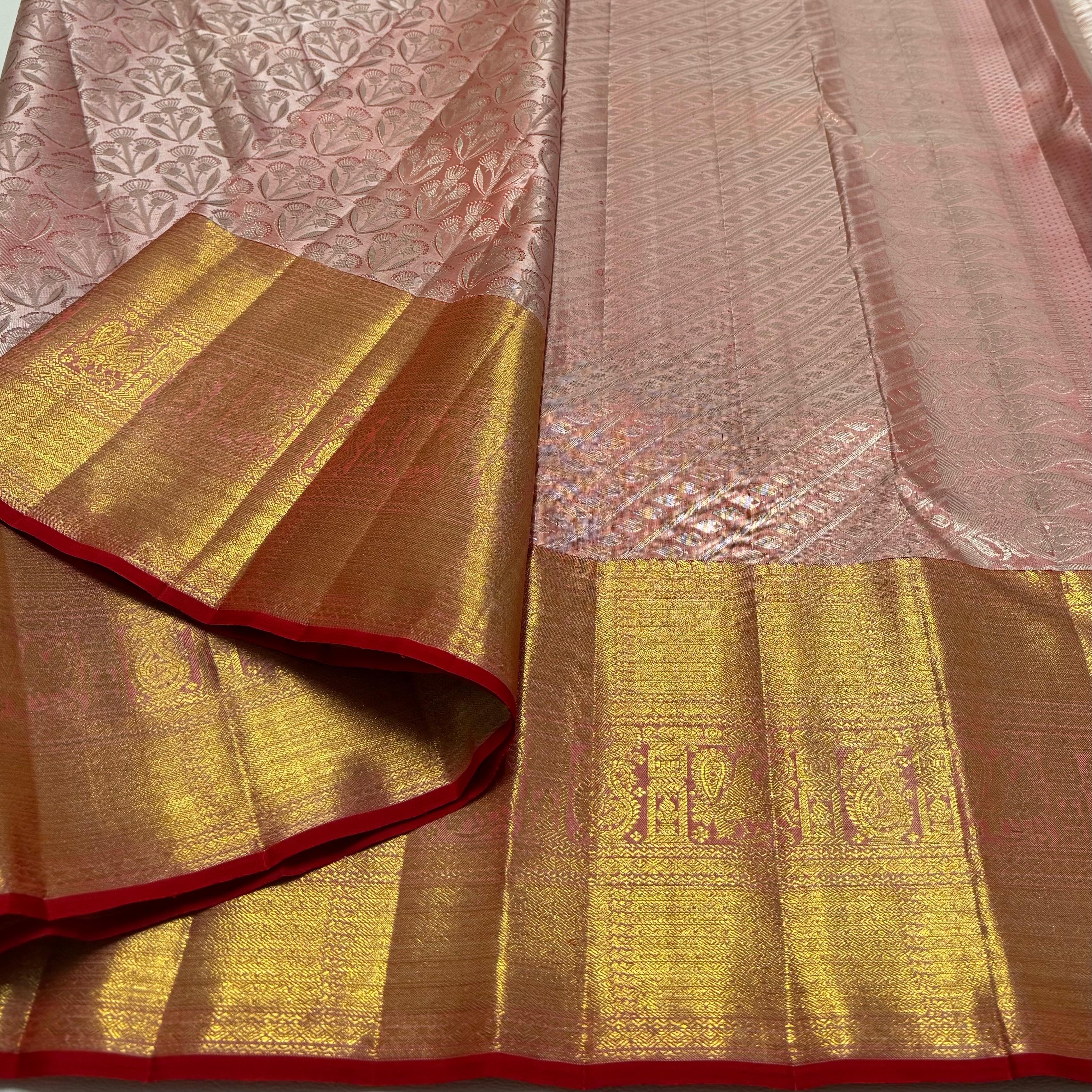 Classic Pastel Pink & Chilli Red Korvai Zari 1gm Zari Bridal Elegance Kanchipuram Handloom Silk Saree SS26057