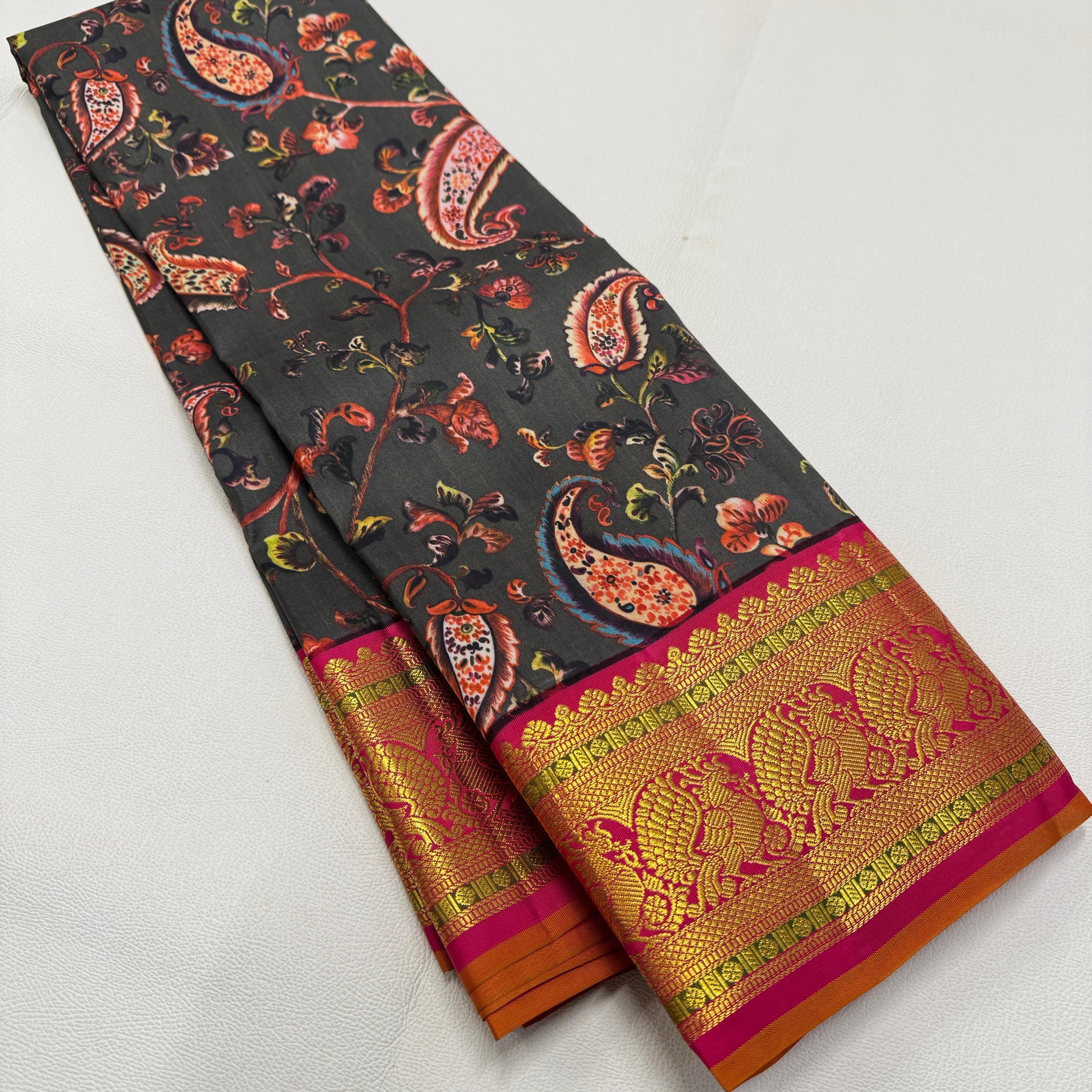 Classic Black & Orange Korvai Digital Print 2gm Zari Kanchipuram Handloom Silk Saree SS25992