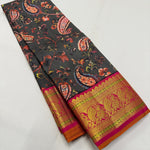 Load image into Gallery viewer, Classic Black &amp; Orange Korvai Digital Print 2gm Zari Kanchipuram Handloom Silk Saree SS25992
