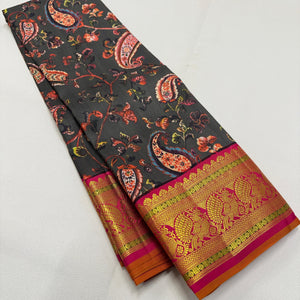 Classic Black & Orange Korvai Digital Print 2gm Zari Kanchipuram Handloom Silk Saree SS25992