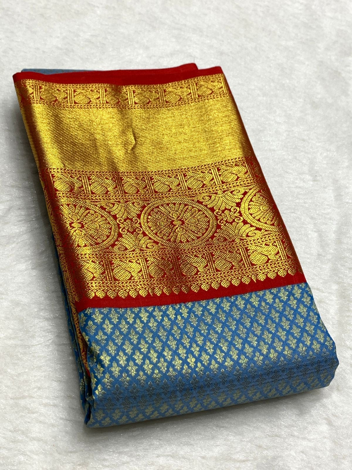 Classic Steel Blue & Brick Red 2gm Zari Bridal Elegance Kanchipuram Handloom Silk Saree SS25835