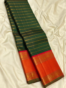 Classic Green & Orange 3gm Zari Vaira Oosi Beldari Design Elegance Kanchipuram Handloom Silk Saree SS24446