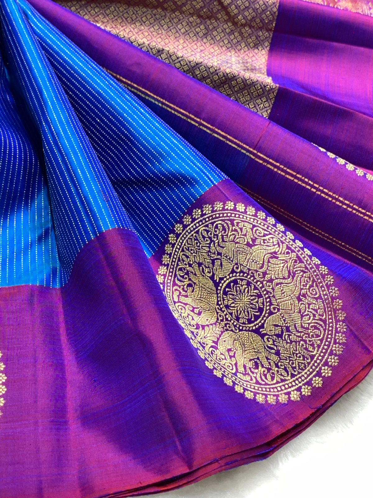 Classic Azure Blue & Purple 2gm Zari Kanchipuram Handloom Silk Saree SS25816