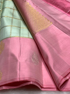 Classic Pastel Sea Green & Baby Pink 2gm Zari Kanchipuram Handloom Silk Saree SS25928