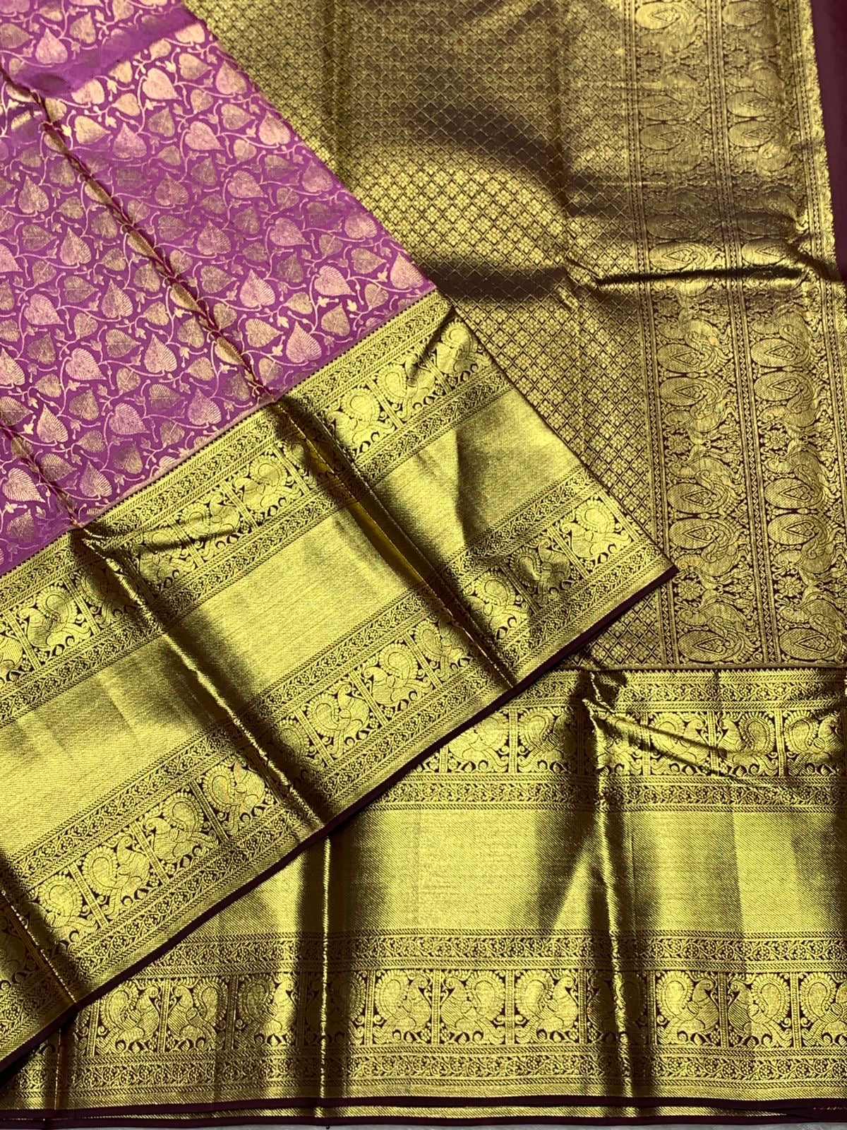 Classic Creamy Pink & Mahogany Red 2gm Zari Kanchipuram Handloom Silk Saree SS26003