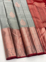 Load image into Gallery viewer, Classic Cement Grey &amp; Brick Red 1gm Zari Elegance Kanchipuram Handloom Silk Saree SS25344

