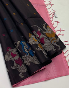 Classic Charcoal Black & Light Pink Elegance Handloom Soft Silk Saree SS26122