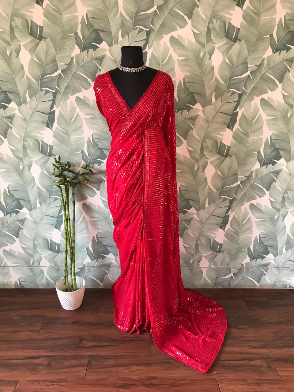 Classic Red Handwork Elegance Chinnon Satin Silk Saree SS24528