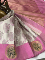 Load image into Gallery viewer, Classic Offwhite &amp; Pink 2gm Zari Elegance Kanchipuram Handloom Silk Saree SS23703
