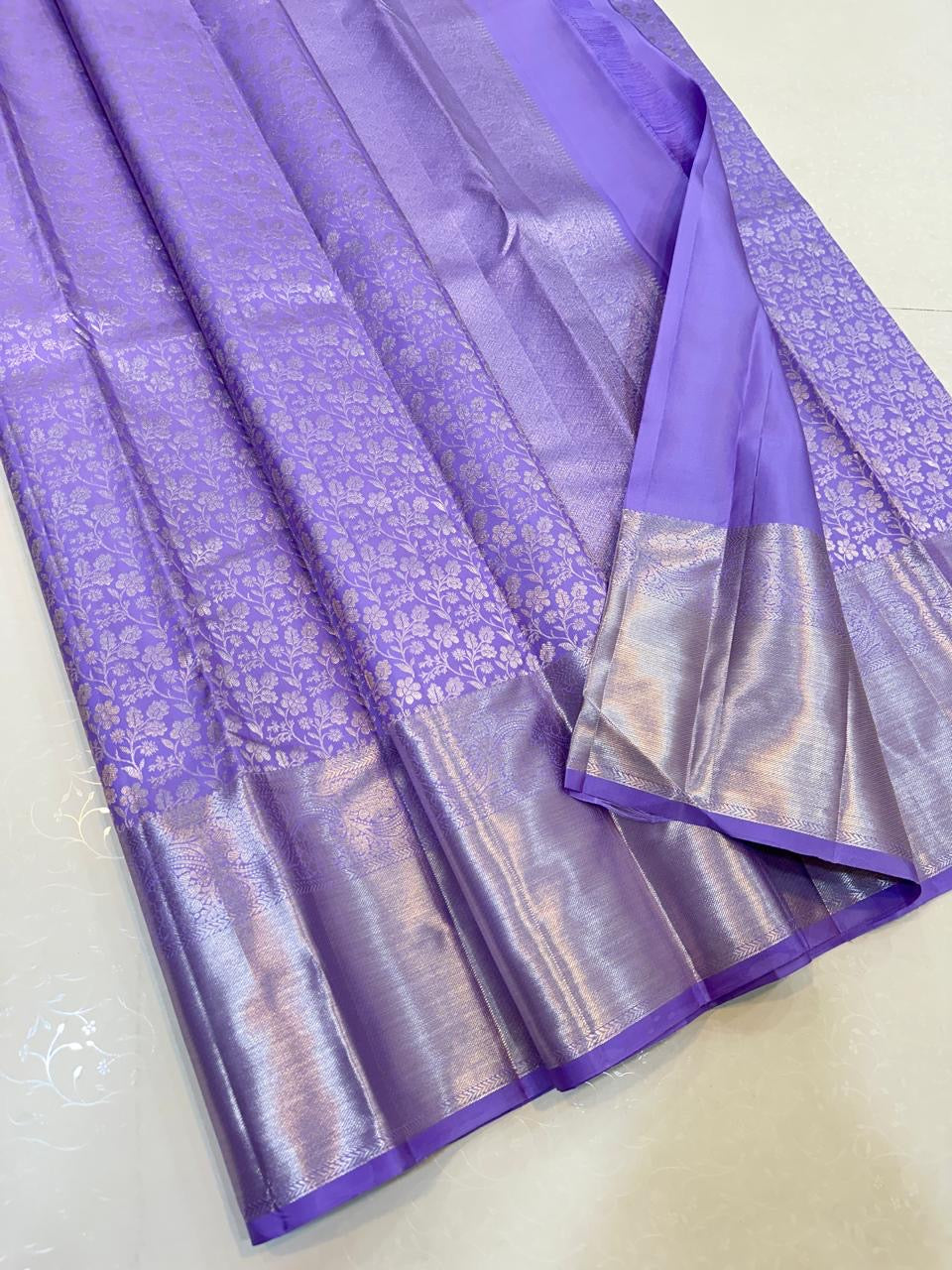 Pastel Bluish Lavender 2gm Zari Bridal Elegance Kanchipuram Handloom Silk Saree SS24366