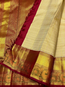 Classic Cream Beige & Barn Red 2gm Zari Meena Border Kanchipuram Handloom Silk Saree SS25591