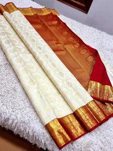 Classic Offwhite & Brick Red 2gm Zari Bridal Elegance Kanchipuram Handloom Silk Saree SS25551