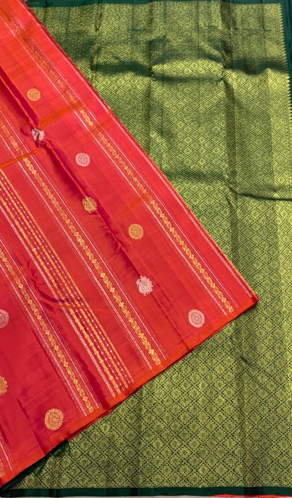Deep Orange  & Pine Green 2gm Zari Elegance Kanchipuram Handloom Silk Saree SS20582