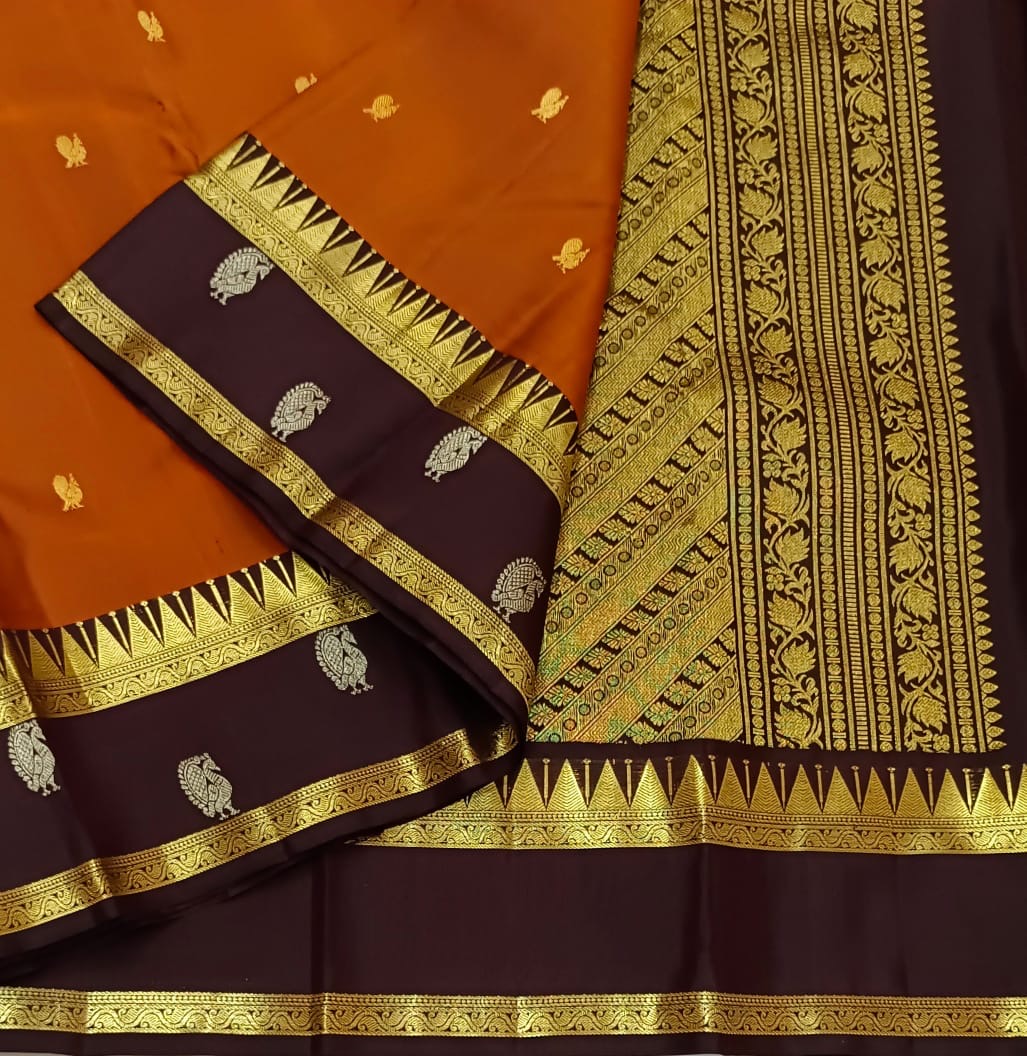 Classic Rustic Orange & Chocolate Brown Kanchipuram Handloom Silk Saree SS26251