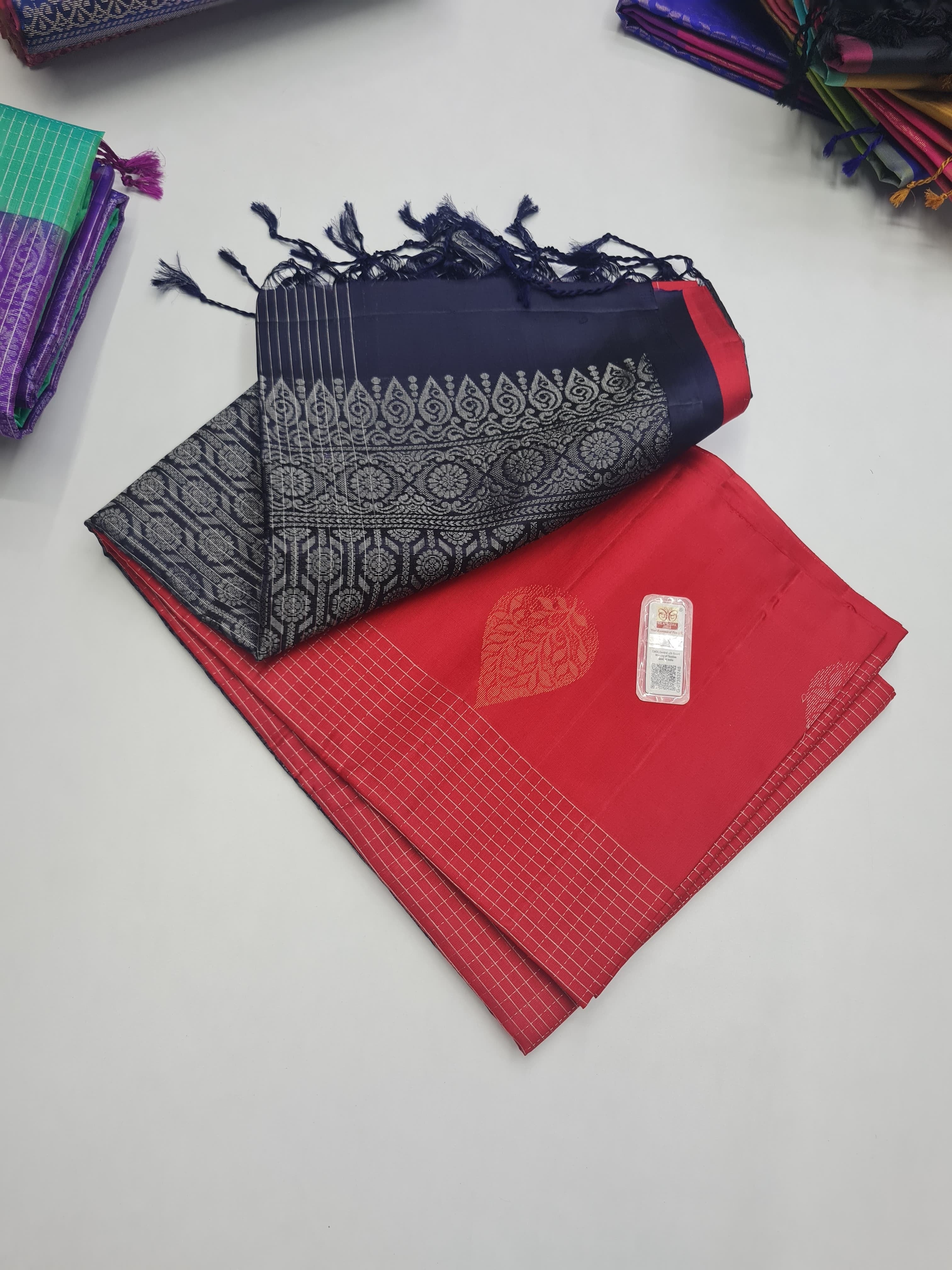 Classic Tomato Red & Steel Blue Elegance Handloom Soft Silk Saree SS25670