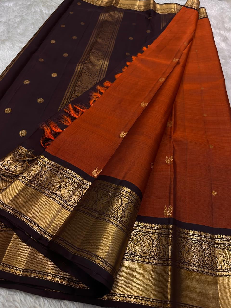 Classic Orange & Mud Chocolate Kanchipuram Handloom Silk Saree SS25958
