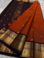 Load image into Gallery viewer, Classic Orange &amp; Mud Chocolate Kanchipuram Handloom Silk Saree SS25958
