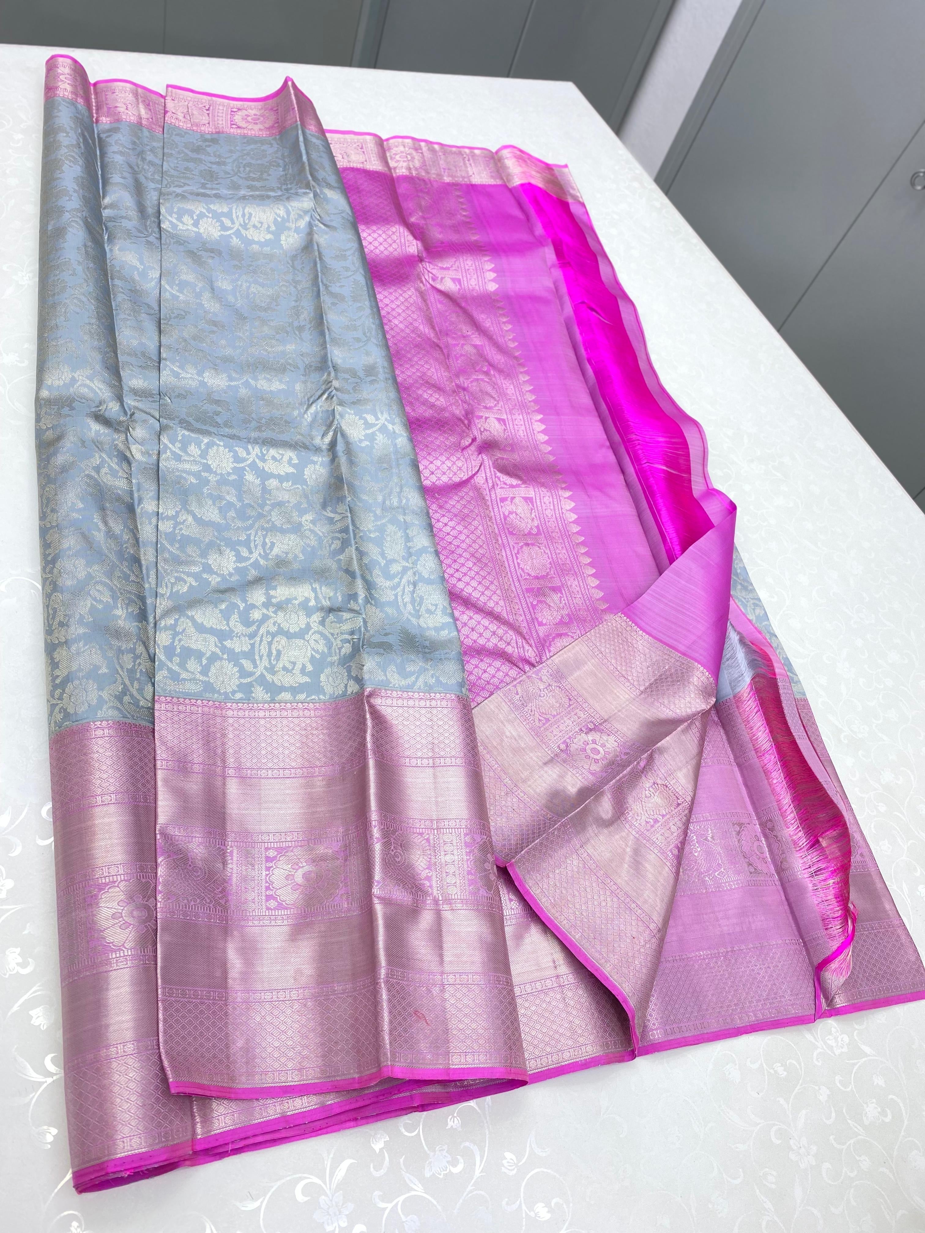 Classic Grey & Fuchsia Pink 2gm Zari Elegance Kanchipuram Handloom Silk Saree SS24261