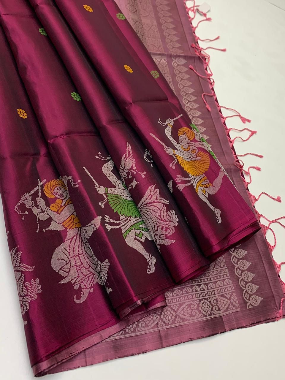 Classic Wine Red & Light Pink Elegance Handloom Soft Silk Saree SS26121