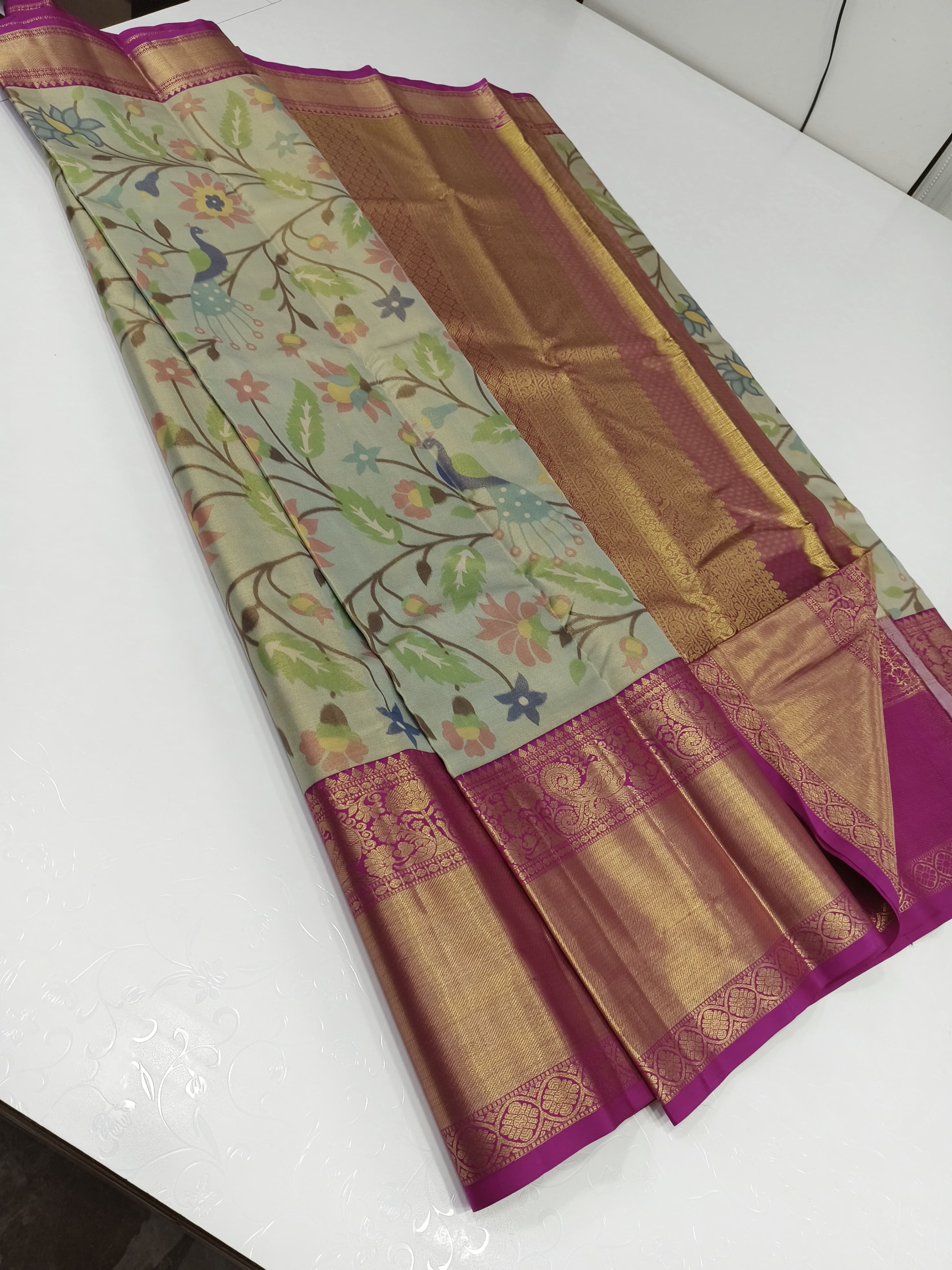 Pastel Green & Ruby Pink 2gm Zari Brocade Bridal Elegance Kanchipuram Handloom Silk Saree SS24727