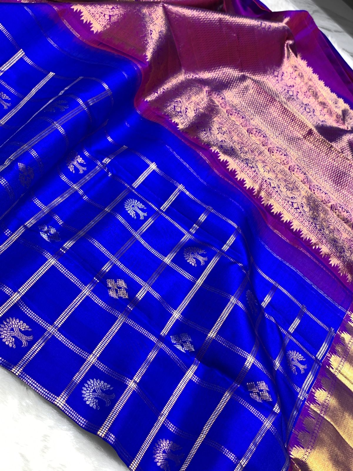 Classic Robin Blue & Purple 2gm Zari Elegance Kanchipuram Handloom Silk Saree SS25364