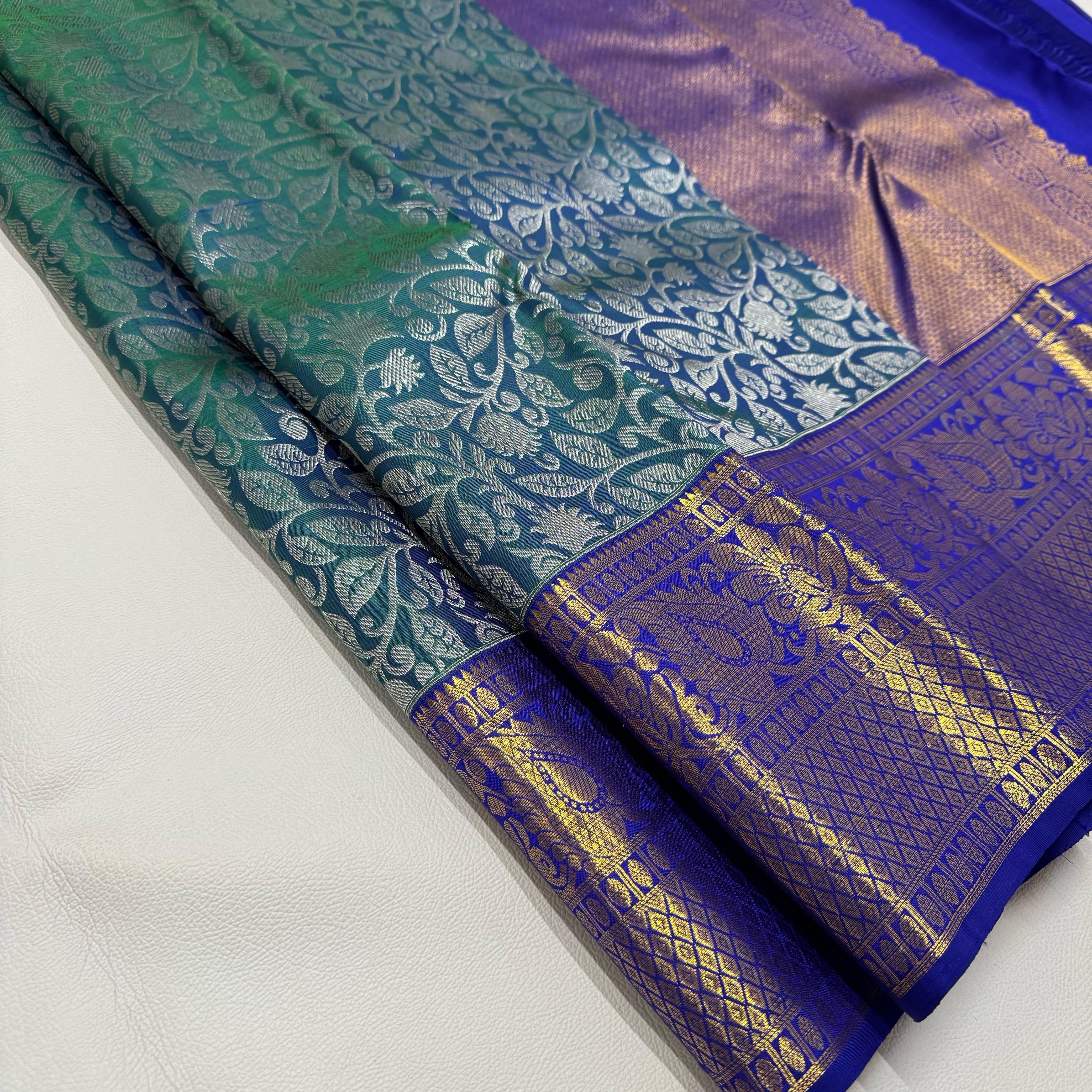 Classic Peacock Green & Robin Blue 1gm Zari Bridal Elegance Kanchipuram Tissue Handloom Silk Saree SS24632