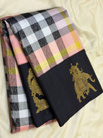 Load image into Gallery viewer, Classic White Pink &amp; Carbon Black Checks 2gm Zari Elegance Kanchipuram Handloom Silk Saree SS27208
