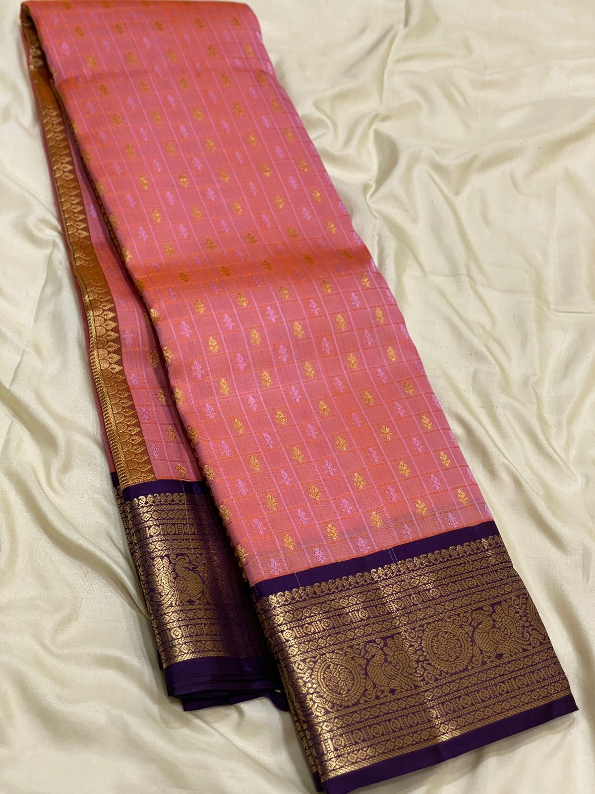 Classic Salmon Pink & Violet 1gm Zari Kanchipuram Handloom Silk Saree SS25812