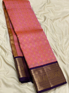 Classic Salmon Pink & Violet 1gm Zari Kanchipuram Handloom Silk Saree SS25812