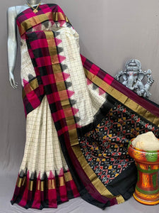 Classic Butter Cream & Berry Pink Black Ikkat Elegance Handloom Soft Silk Saree SS23142