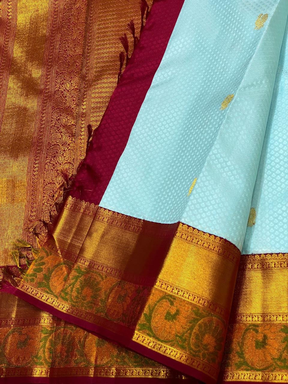 Classic Sky Blue & Barn Red 2gm Zari Meena Border Kanchipuram Handloom Silk Saree SS25594