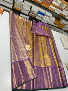 Classic Golden Lavender Bridal Elegance Kanchipuram Handloom Tissue Silk Saree SS23711