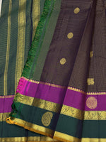 Load image into Gallery viewer, Classic Charcoal Black &amp; Pine Green 2gm Zari Oosi Checks Elegance Kanchipuram Handloom Silk Saree SS27641

