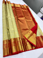 Load image into Gallery viewer, Light Olive Green &amp; Scarlet Red 2gm Zari Kanchipuram Handloom Silk Saree SS25625

