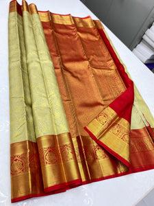 Light Olive Green & Scarlet Red 2gm Zari Kanchipuram Handloom Silk Saree SS25625